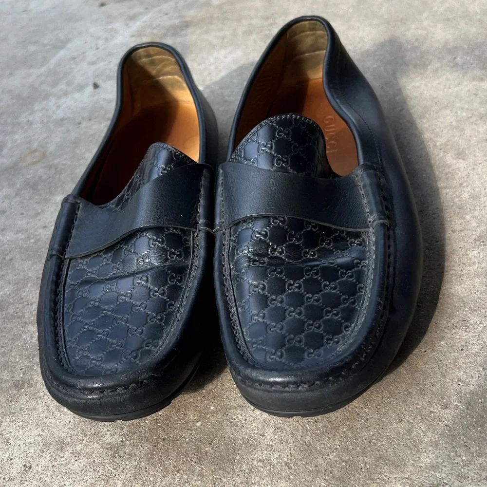 Gucci Authentic Embossed Black Leather Slip-On Loafers Men’s Sz 8.5